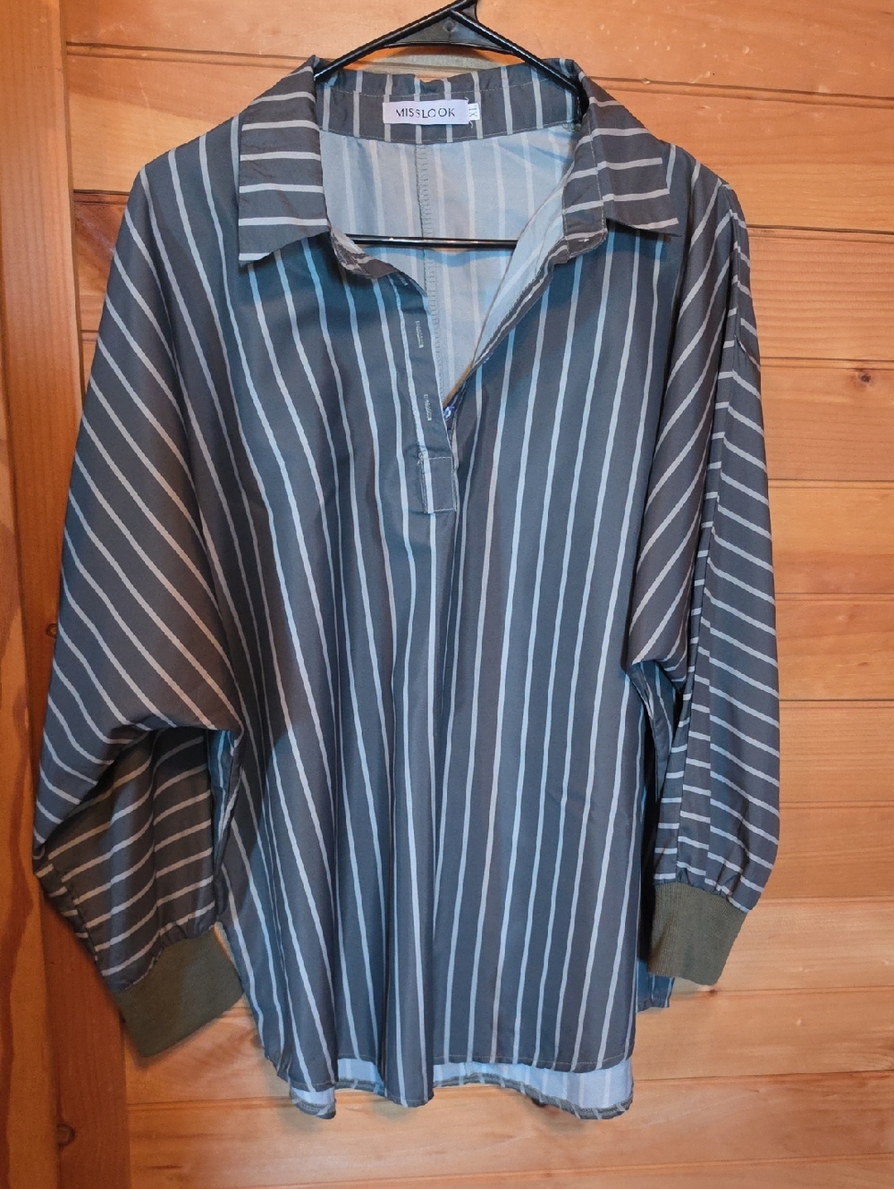 MISSLOOK Women's Green and White Vertical Stripe, Partial  Button-Front Shirt